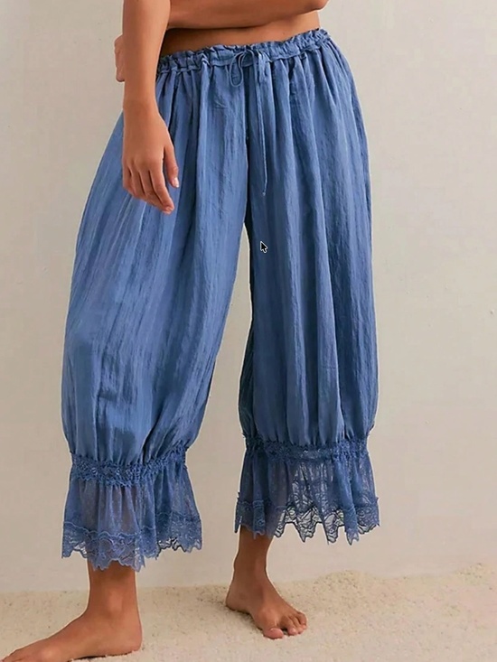 Pants - Boho Solid Stretchy Waist Lace hem Bloomers Pants